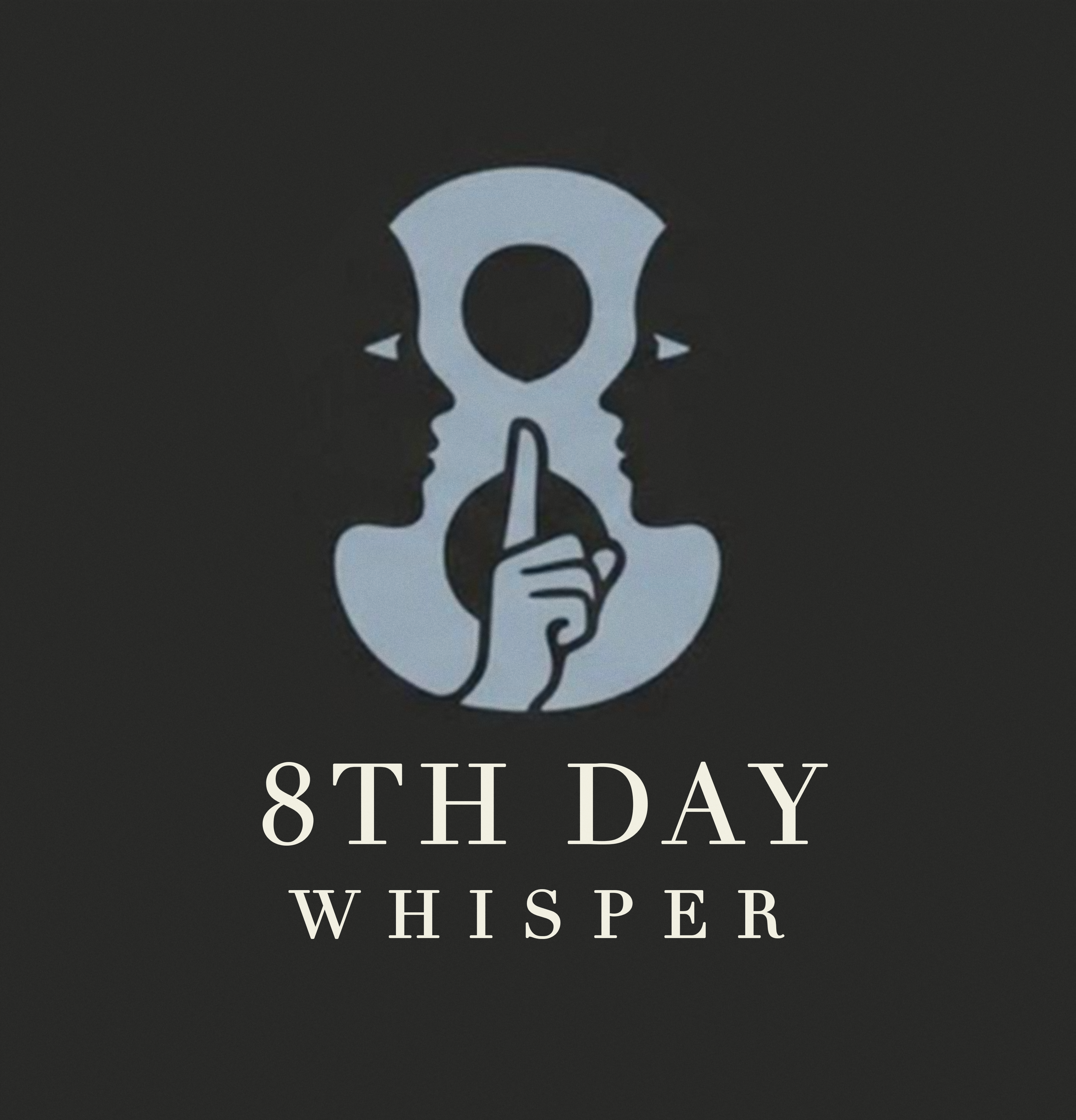 The official 8th Day Whisper production company logo, featuring a stylized silhouette of two people whispering to each other above the company name.