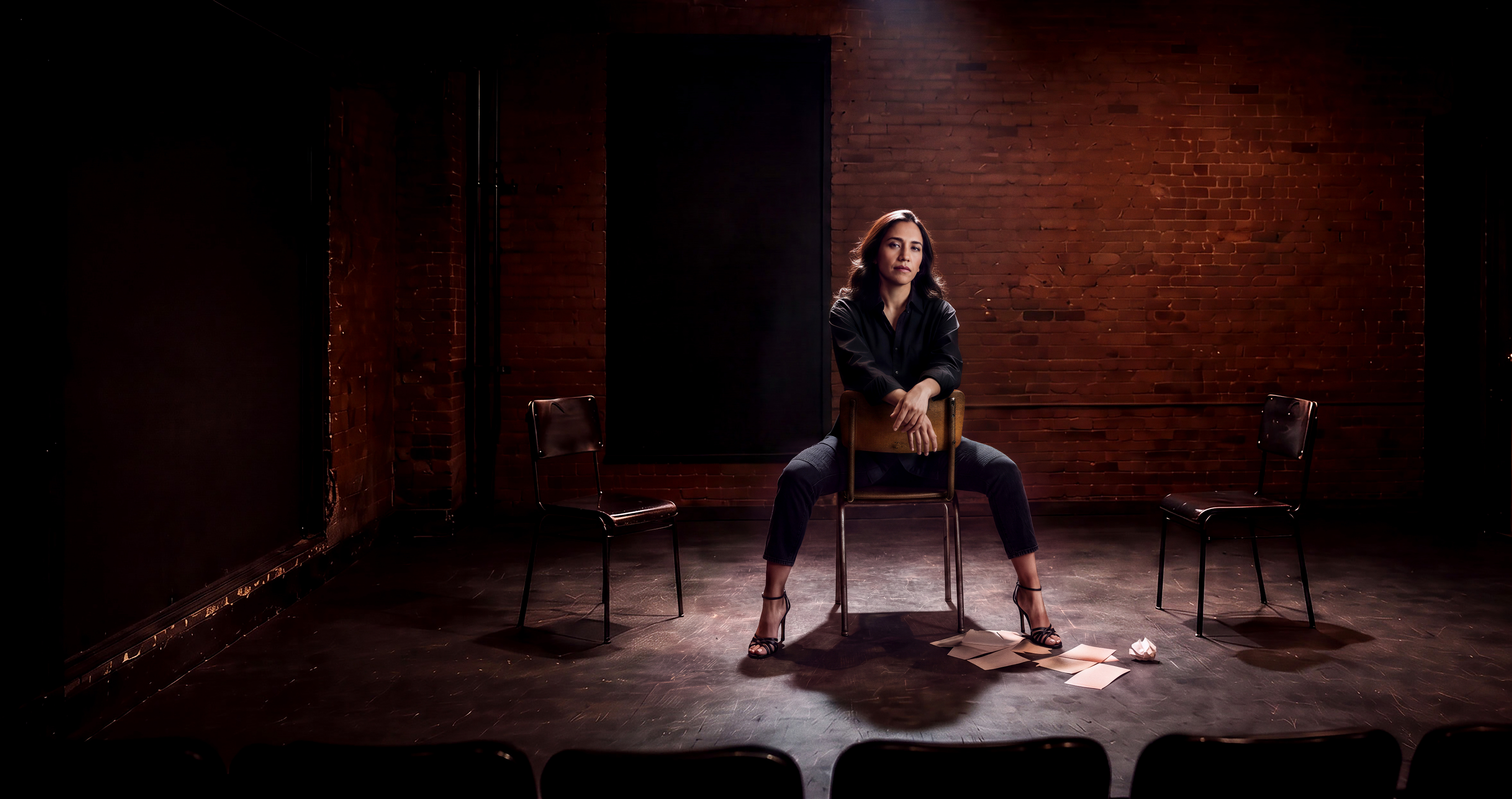 Priya Karki in the role of Ella, sitting in a single, bright spotlight on the dark stage of a black box theatre. Her posture radiates pride and fierce ambition during a scene from 8th Day Whisper